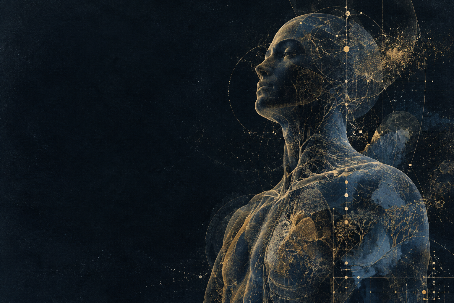 A luminous human figure looking toward a field of emerging possibilities