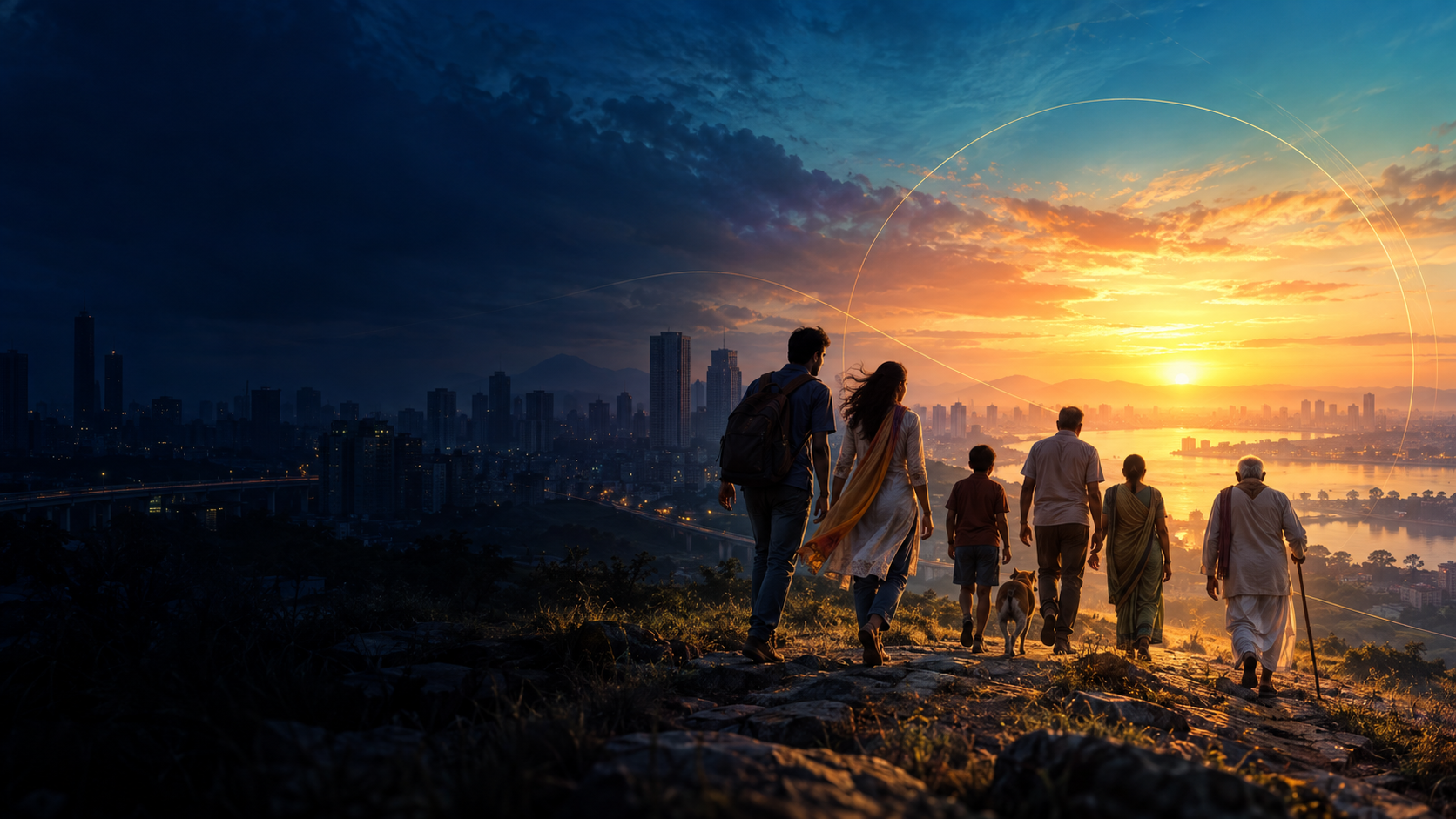 Four generations walking from a changing city toward a shared dawn