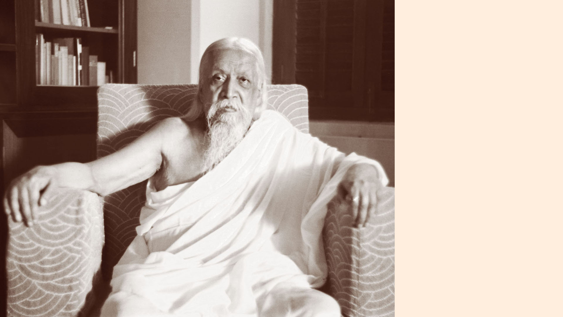 Sri Aurobindo seated in Pondicherry in April 1950